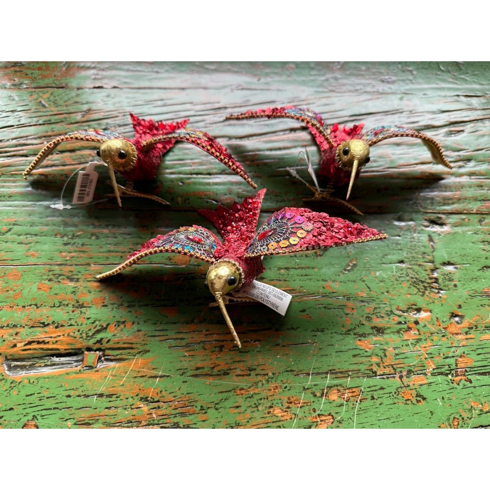 Pier 1 Clip-On Ornament Decor Hummingbirds Beaded Sequins Rhinestones Red